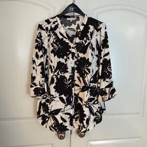 Sara Michelle Womens 2X Black White Floral Button Front 3/4 Sleeve Blouse Top